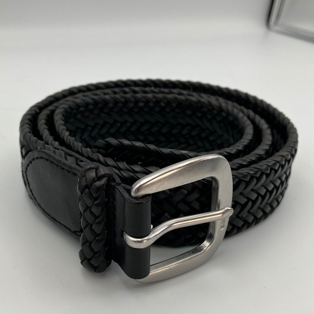 Polo Ralph Lauren Mens Black Braided Leather Belt 36 90 Woven Silver Buckle
